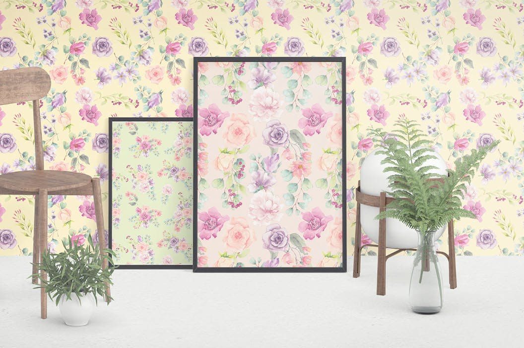 6款水彩花卉图案背景图素材 Perfect Pastels Watercolor Floral Patterns插图5