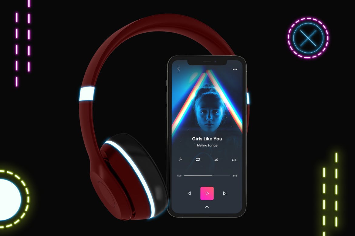 霓虹灯设计风格iPhone手机音乐APP应用UI设计图蚂蚁素材精选样机 Neon iPhone Music App Mockup插图(2)