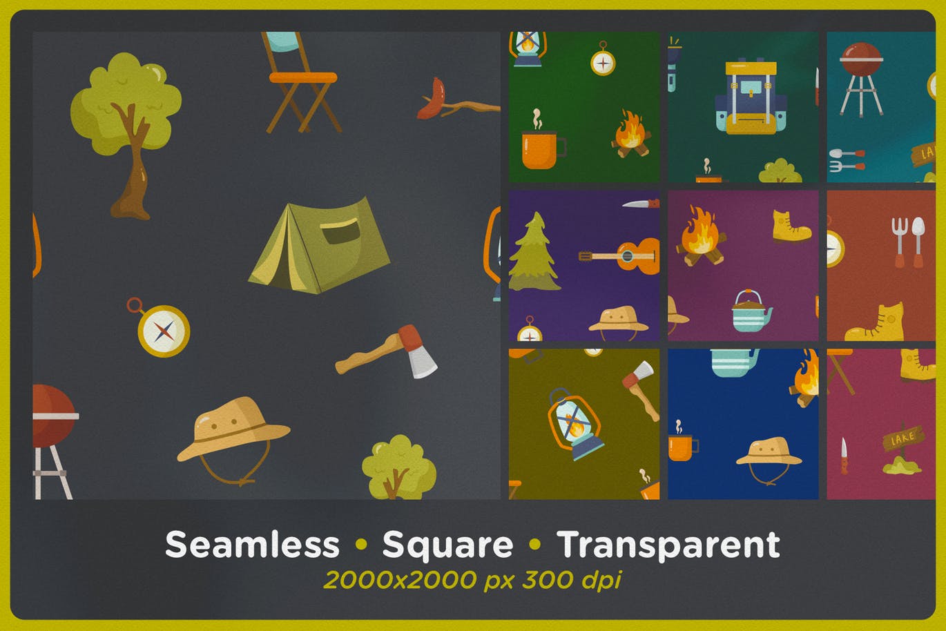 户外露营图案无缝背景素材 Outdoor Camping Seamless Patterns插图(1)