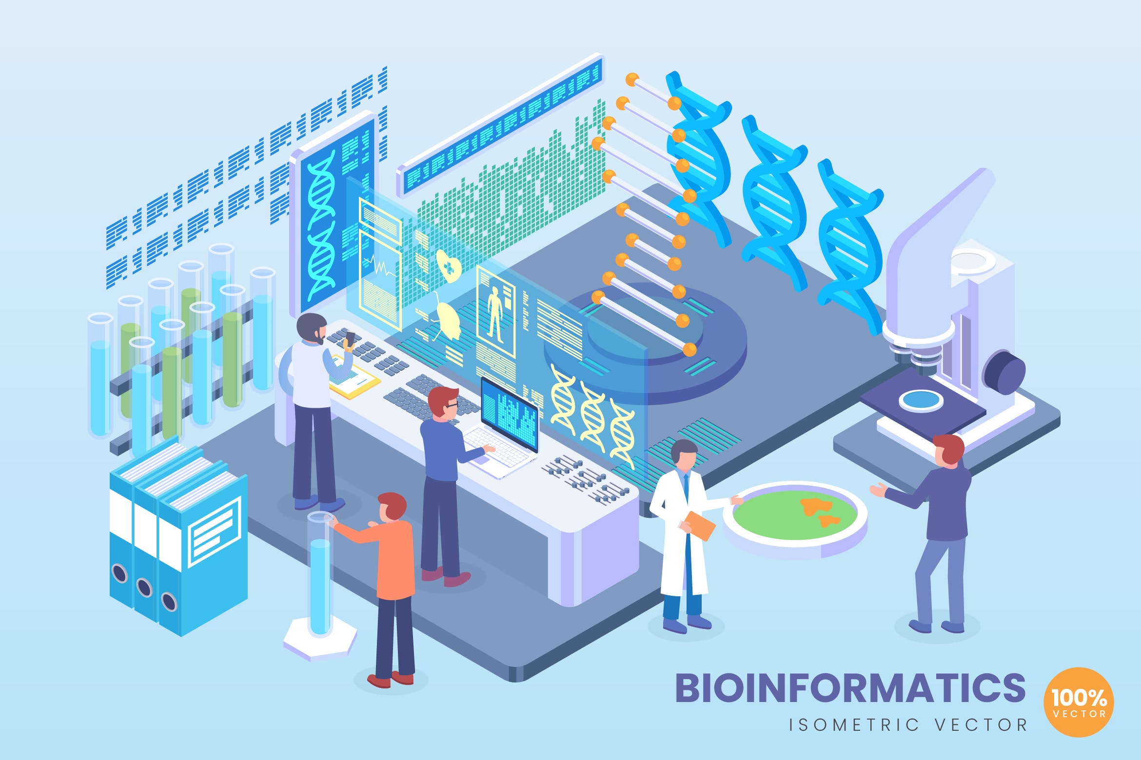 生物信息技术等距矢量第一素材精选科技概念插画 Isometric Bioinformatics Technology Vector Concept插图