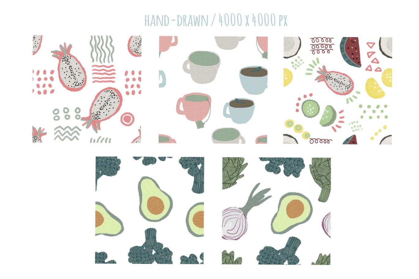 手绘食物图案食品包装图案矢量背景素材 Hand-drawn naive simple food patterns插图(1)