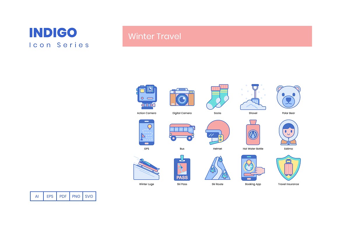 95枚靛蓝配色冬季旅行主题矢量蚂蚁素材精选图标合集 95 Winter Travel Icons | Indigo Series插图(5)