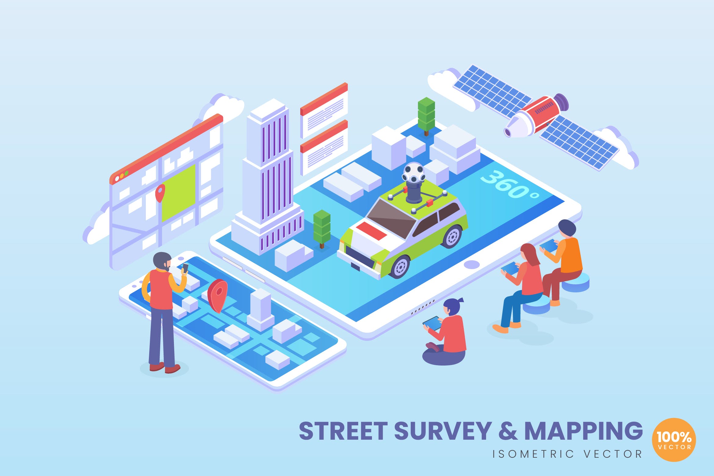 街道测量与地图绘制技术等距矢量科技第一素材精选概念插画 Isometric Street Survey And Mapping Vector Concept插图