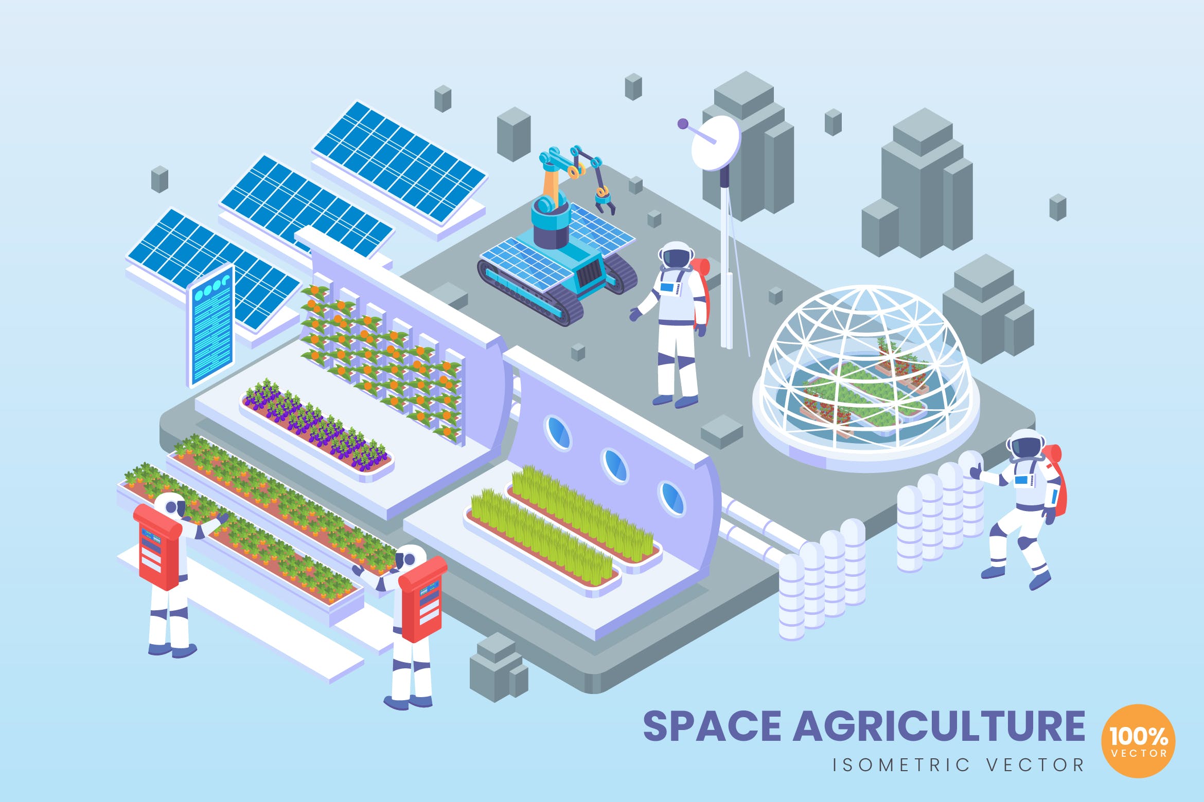 太空农业技术等距矢量大洋岛精选科技概念插画 Isometric Space Agriculture Technology Vector插图