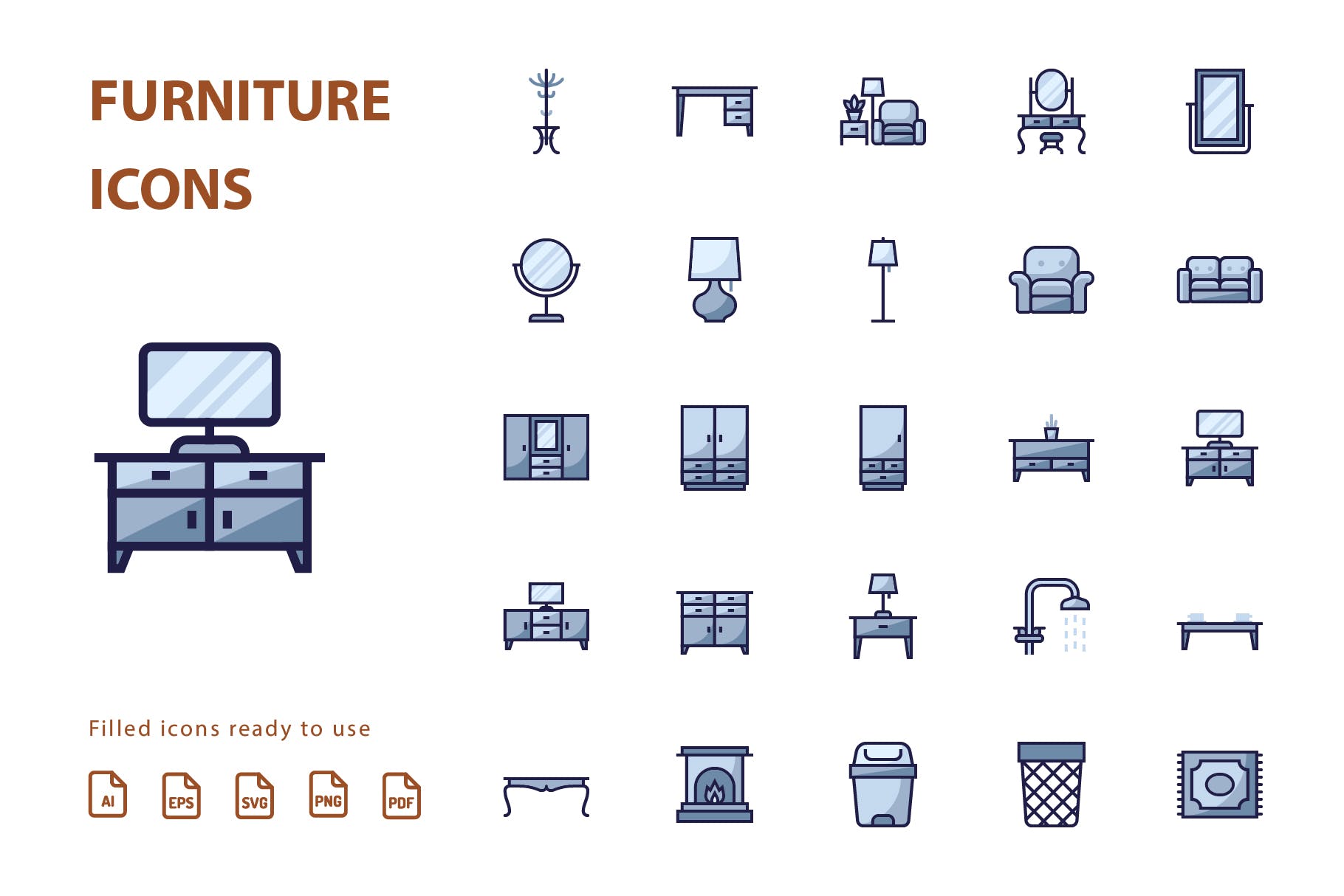25枚家具矢量填充第一素材精选图标v2 Furniture Filled Part 2插图(1)
