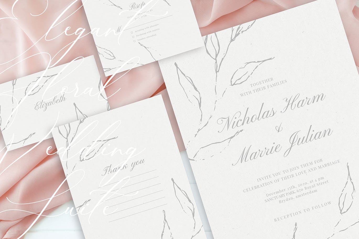 优雅手绘花卉图案婚礼主题设计素材包 Elegant Floral Wedding Suite插图(1)