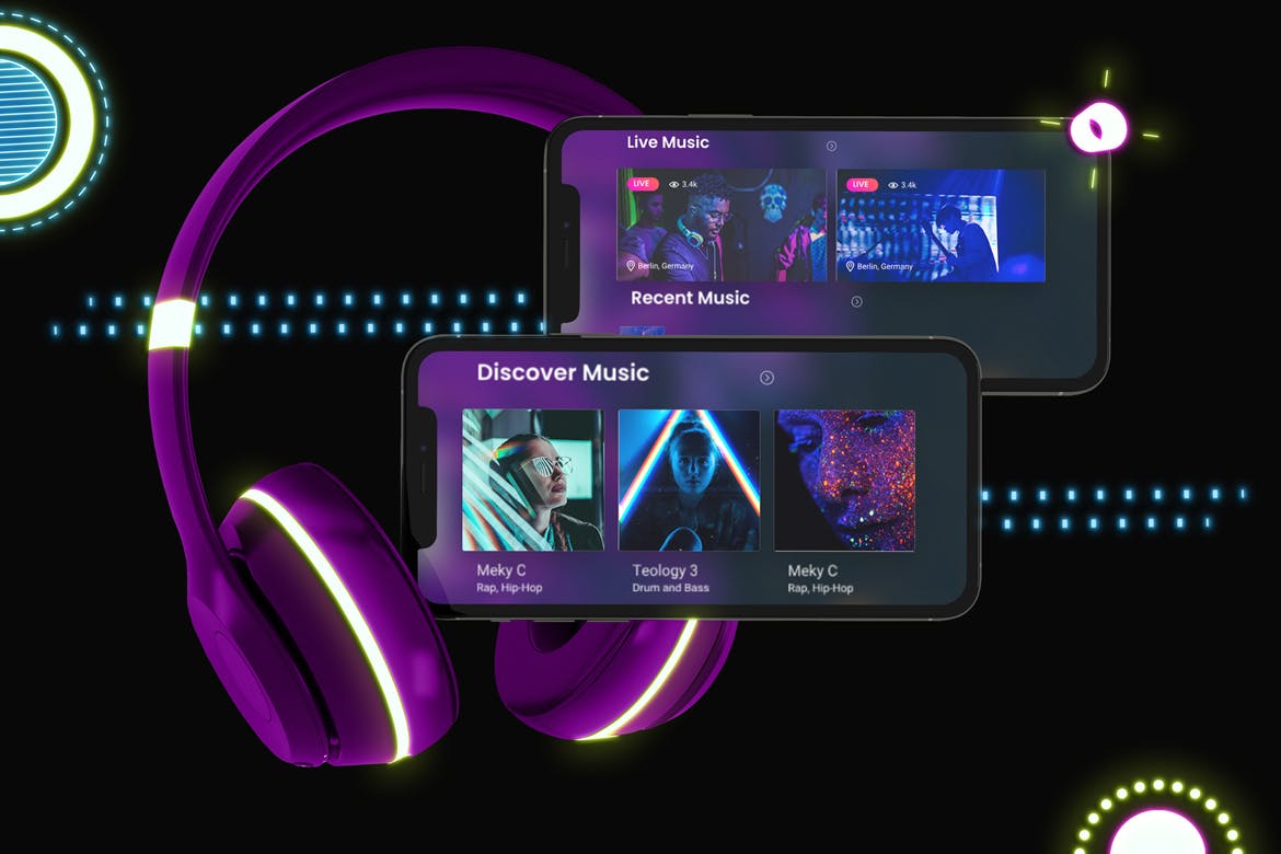 霓虹灯设计风格iPhone手机音乐APP应用UI设计图第一素材精选样机 Neon iPhone Music App Mockup插图(5)