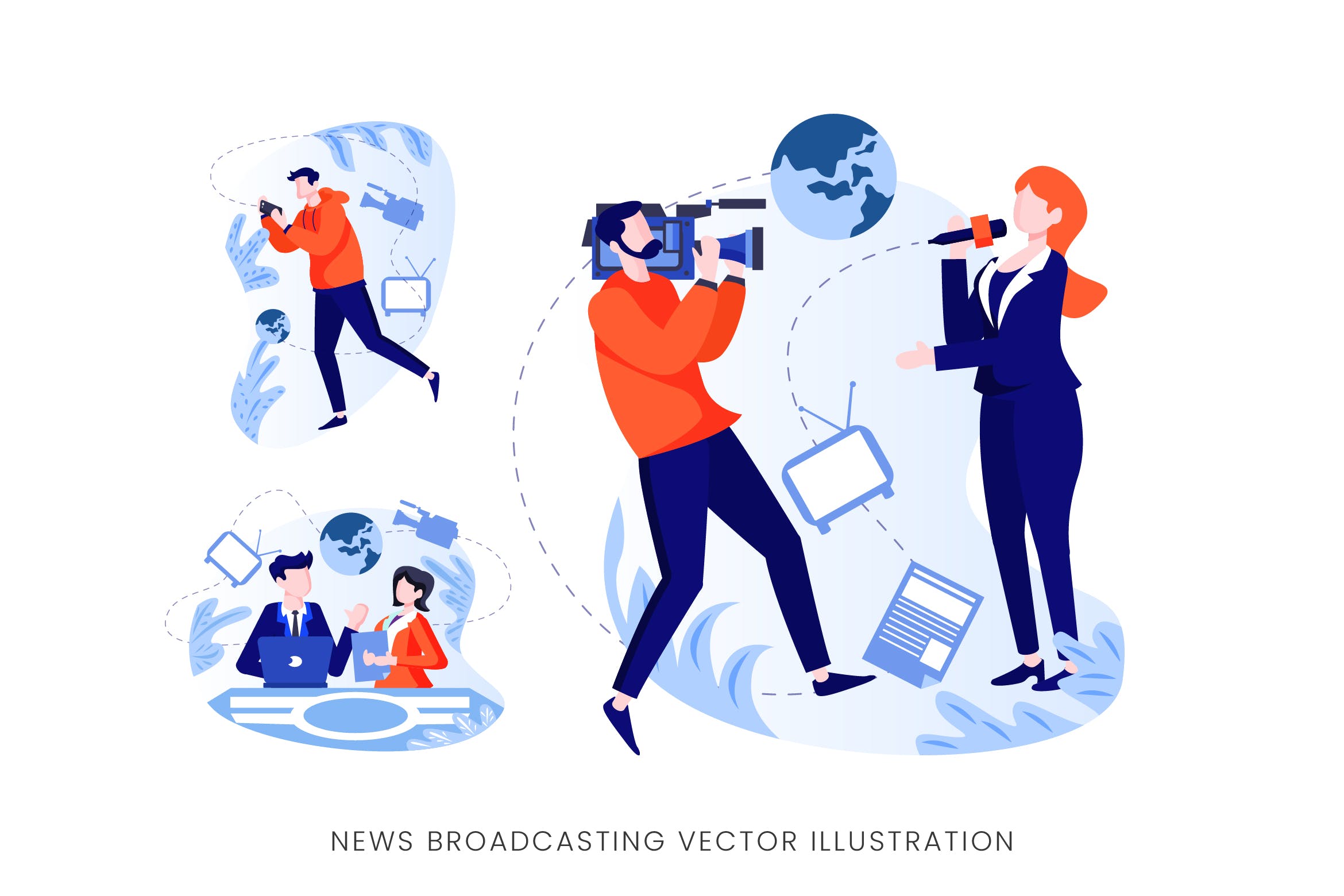 新闻广播工作者人物形象矢量手绘素材 News Broadcasting Vector Character Set插图