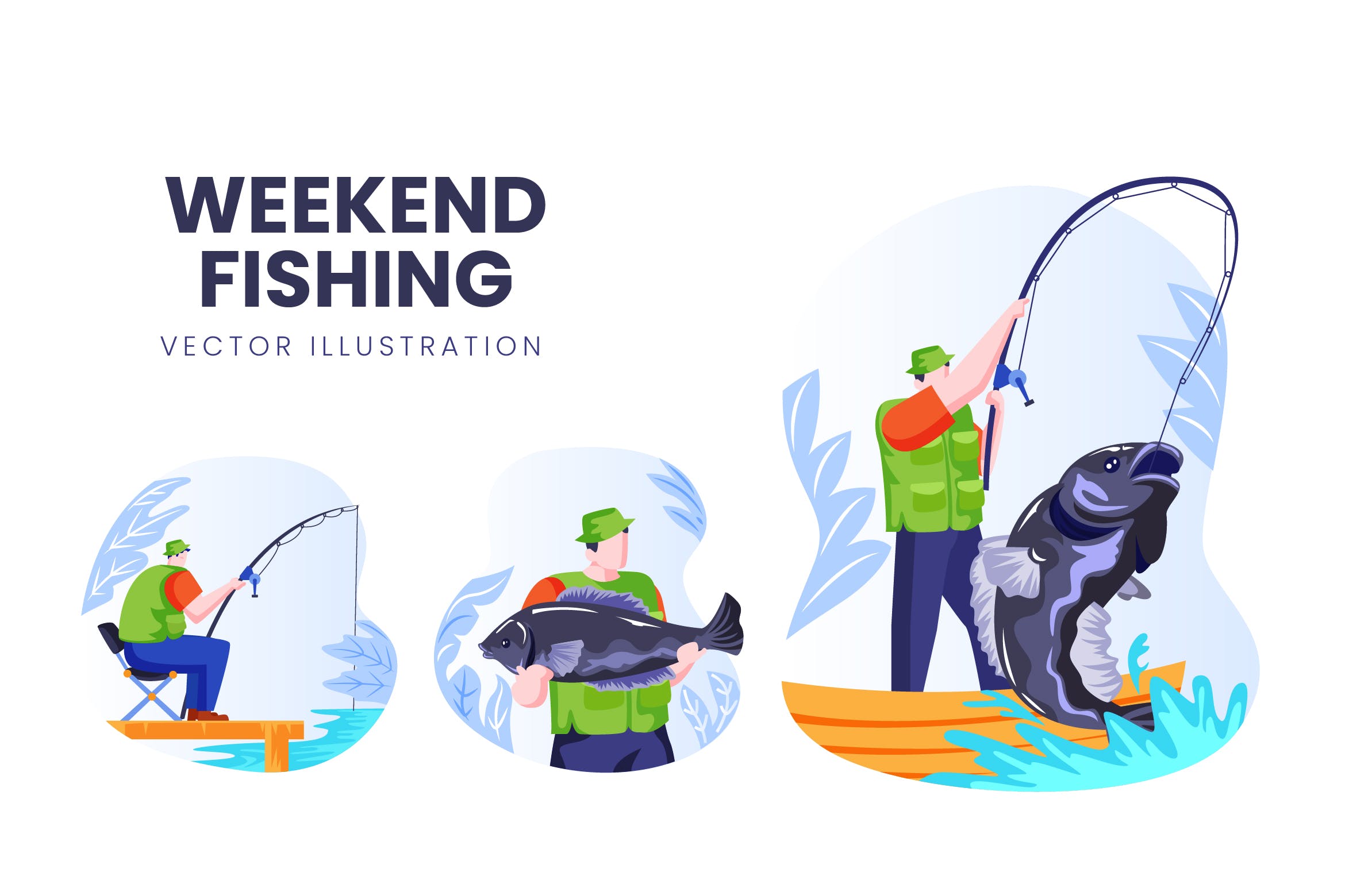 钓鱼爱好者人物形象大洋岛精选手绘插画矢量素材 Weekend Fishing Vector Character Set插图
