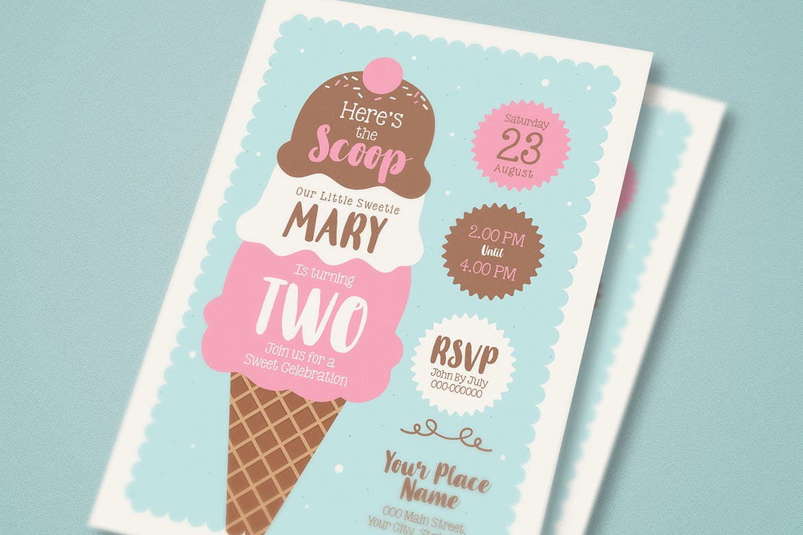 雪糕店周年庆邀请海报传单第一素材精选PSD模板 Ice Cream Birthday Invitation插图(2)