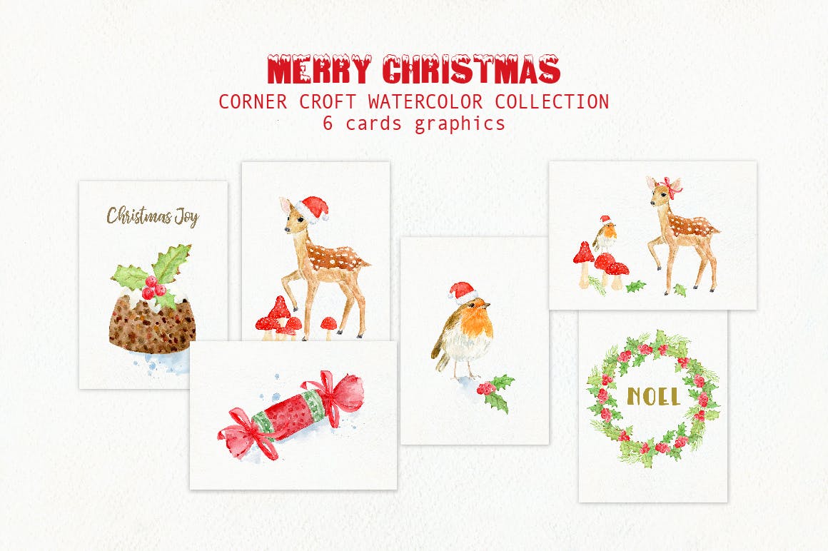 水彩设计风格圣诞节主题卡片设计模板 Watercolor Merry Christmas Cards插图2