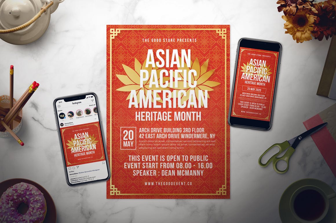非物质文化遗产主题大会海报传单第一素材精选PSD模板 Asian Pacific American Heritage Month Flyer Set插图(1)