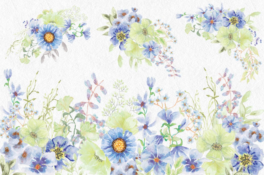 忧郁蓝水彩手绘花卉第一素材精选设计素材 “Moody Blue” Watercolor Bundle插图(2)