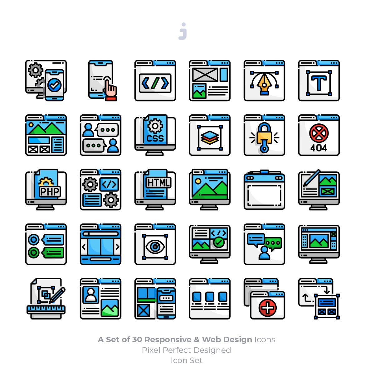 30枚彩色响应式网站设计矢量第一素材精选图标 30 Responsive & Web Design Icons插图(1)