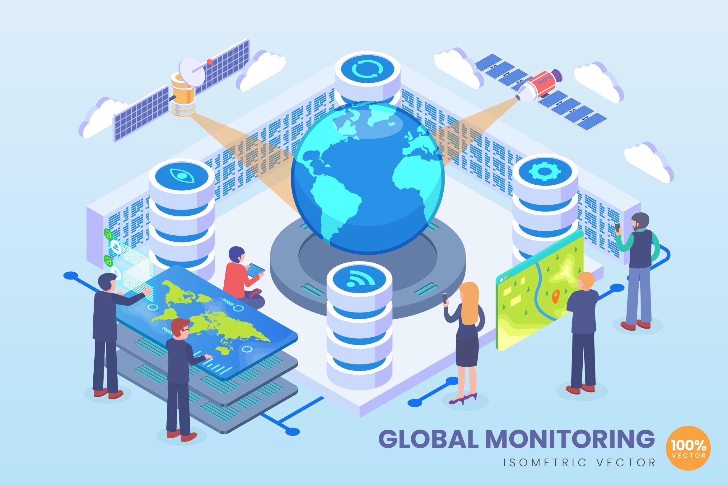 全球监测技术等距矢量大洋岛精选科技概念插画 Isometric Global Monitoring Technology Vector插图