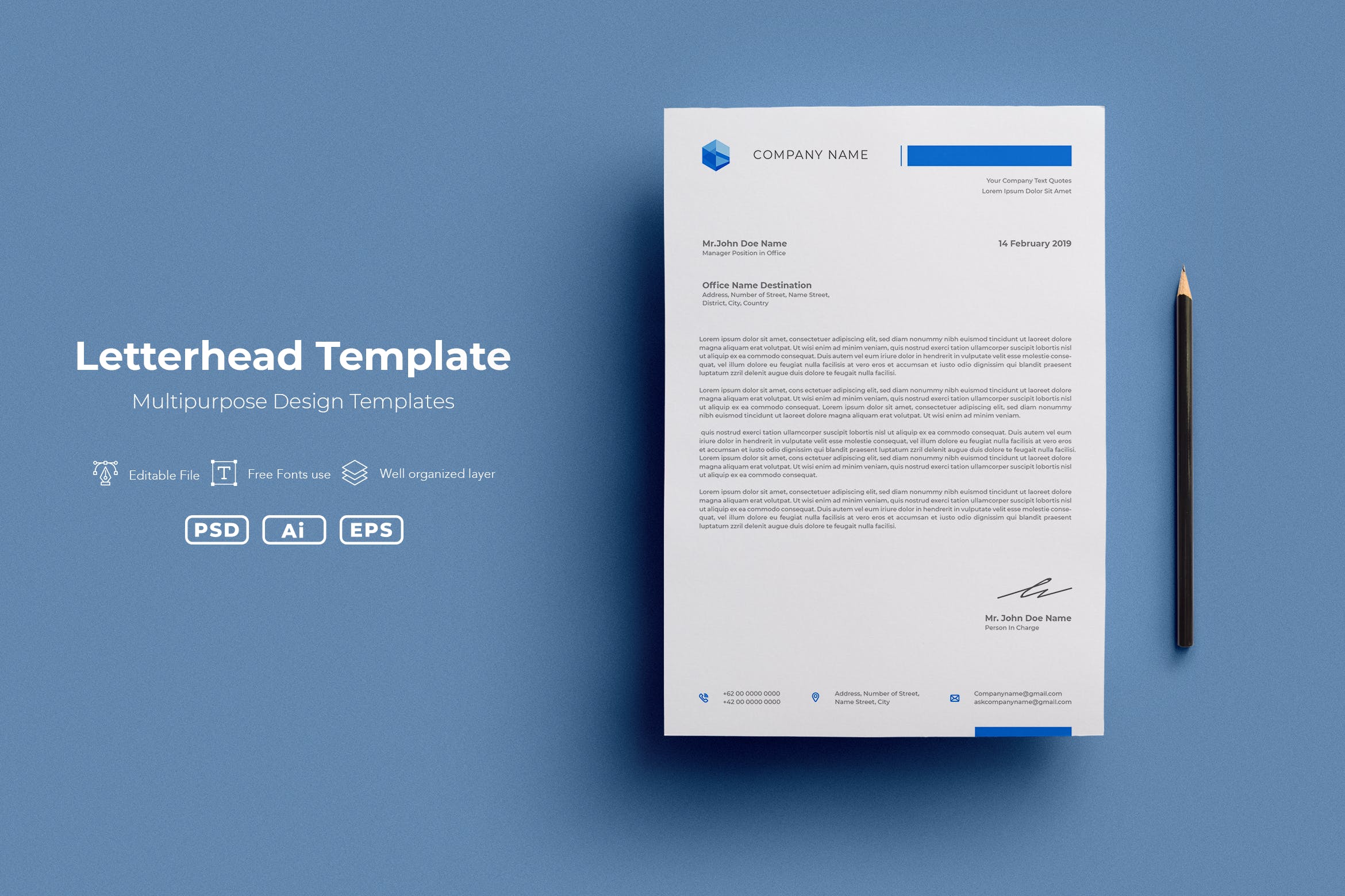 凸显企业品牌的蓝色信纸设计模板v59 SRTP- Letterhead Template.59插图