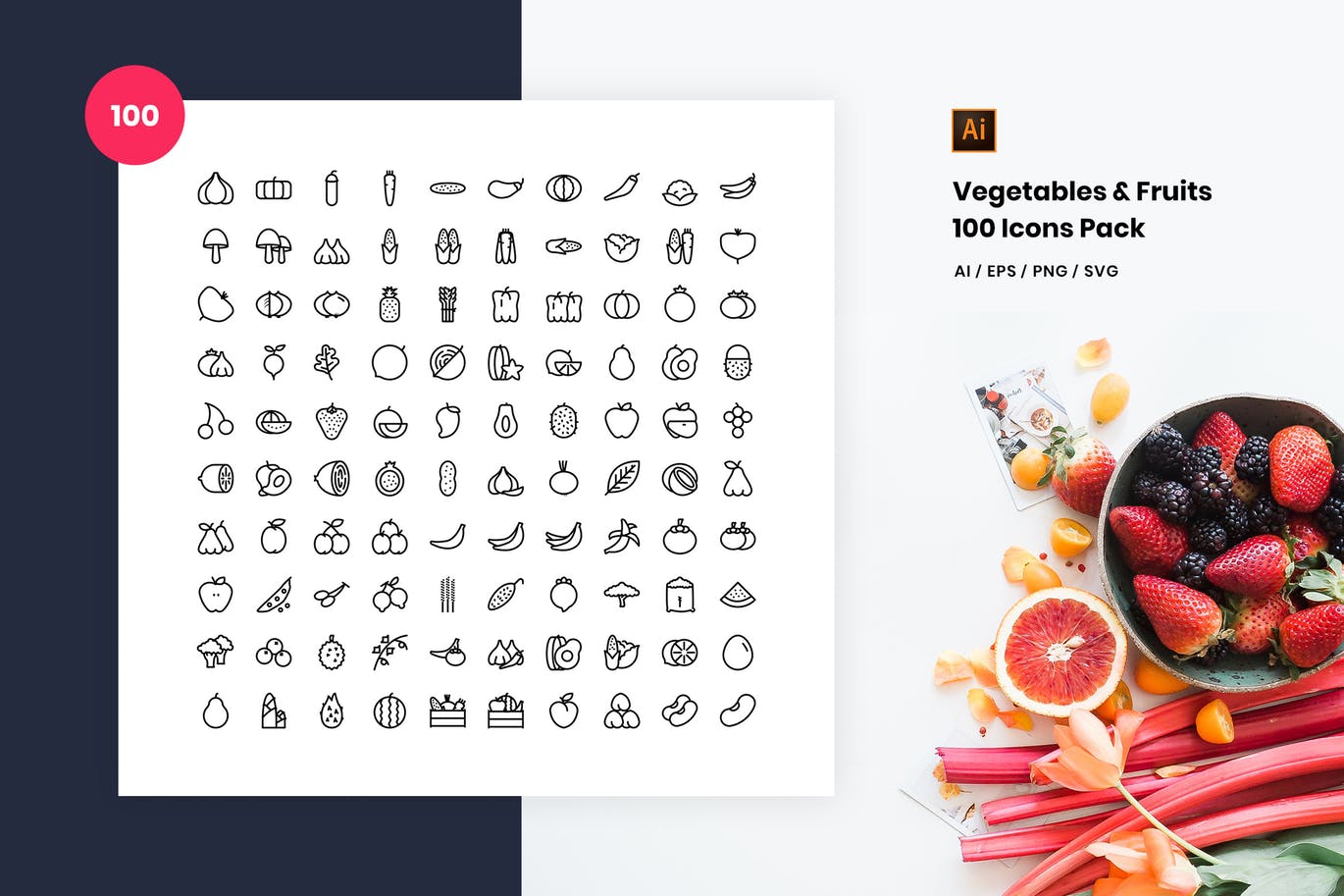 100枚蔬菜&水果主题矢量蚂蚁素材精选图标 Vegetables and Fruits 100 Icon Pack插图