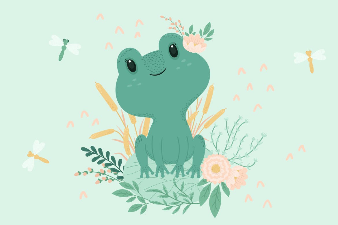 可爱小青蛙手绘矢量图形大洋岛精选设计素材 Cute Little Frogs Vector Graphic Set插图2