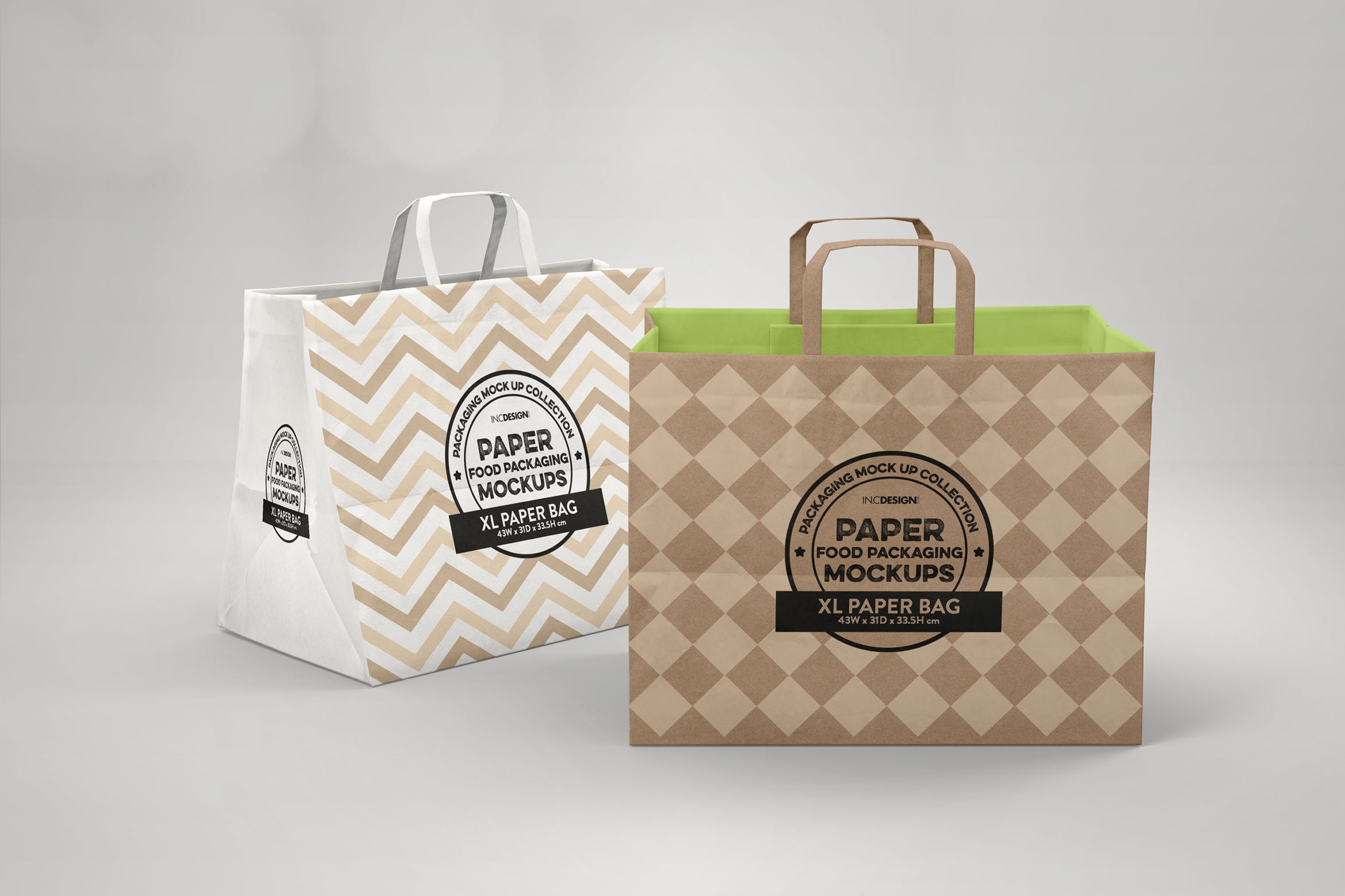 加大型购物纸袋设计图第一素材精选模板 XL Paper Bags with Flat Handles Mockup插图