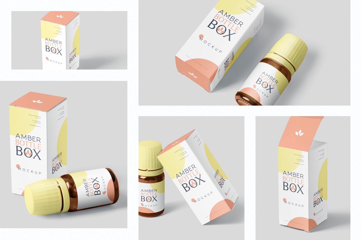 药物瓶&包装纸盒设计图蚂蚁素材精选模板 Amber Bottle Box Mockup Set插图(1)