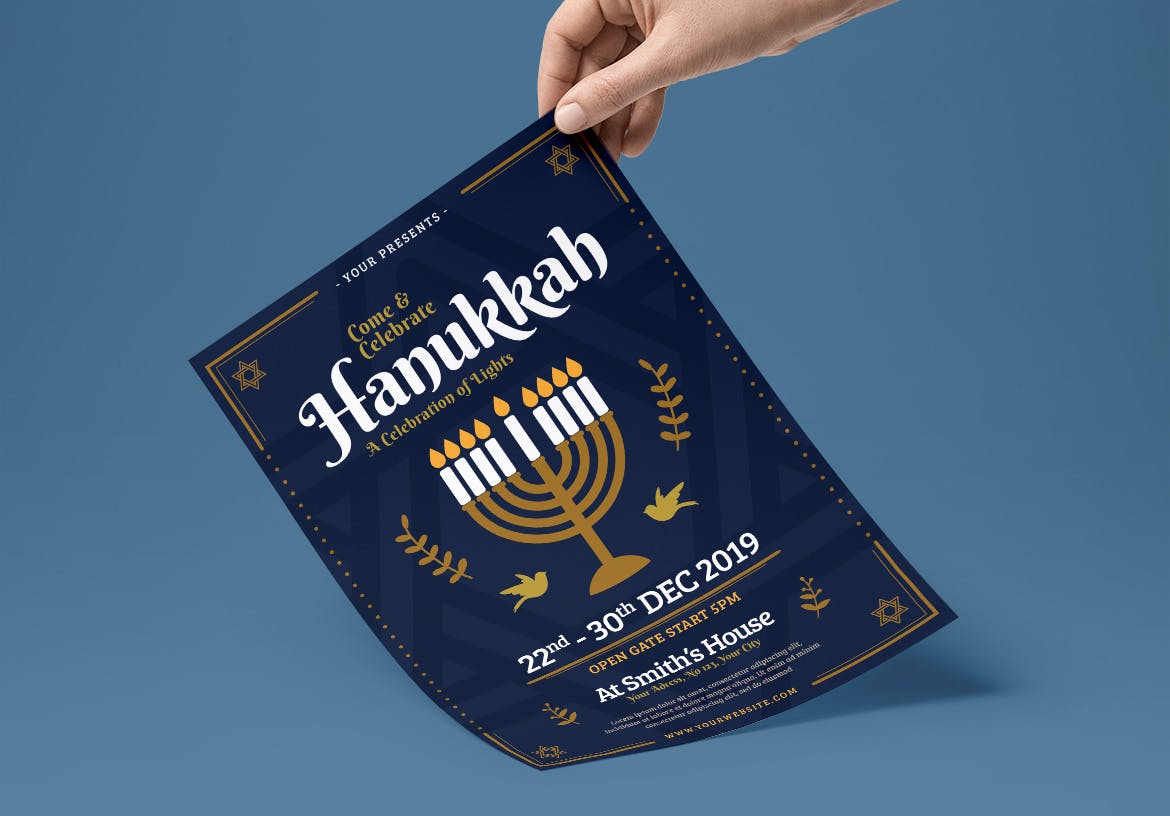 犹太人传统节日光明节活动海报传单第一素材精选PSD模板 Hanukkah Flyer插图(1)