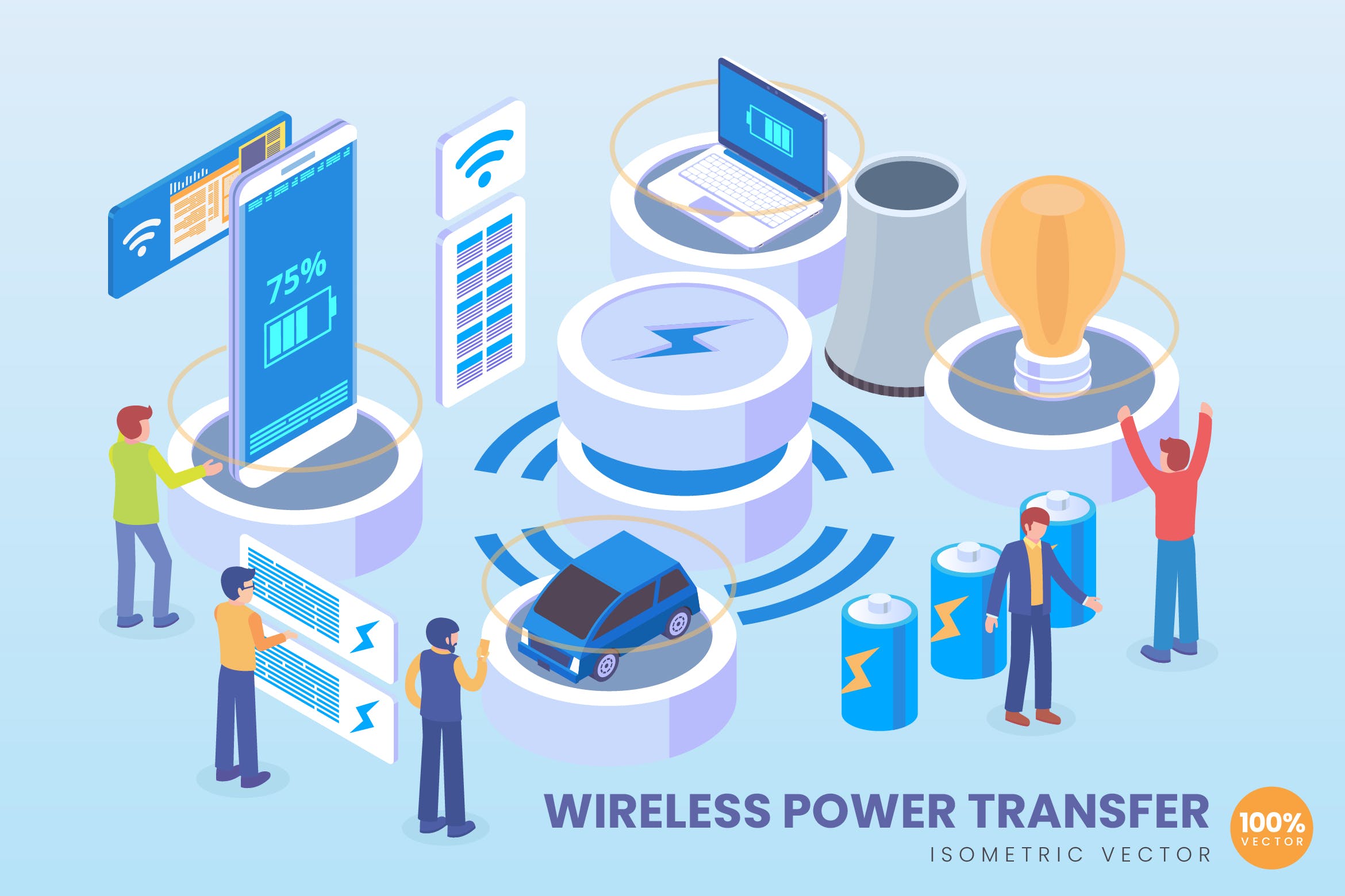 无线充电技术等距矢量科技第一素材精选概念插画 Isometric Wireless Power Transfer Vector Concept插图