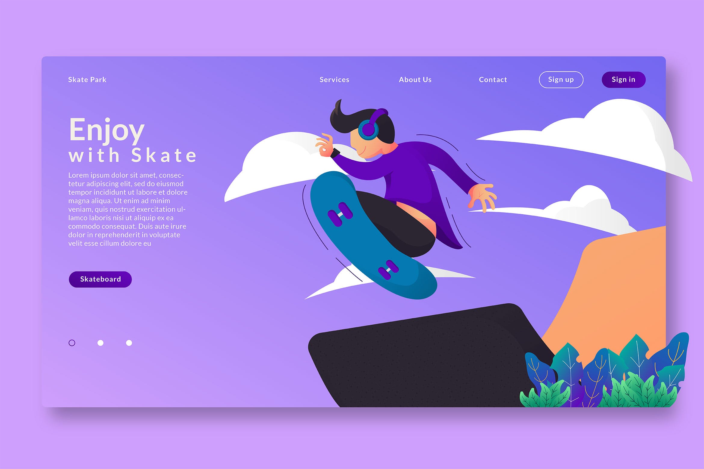 滑板运动文化主题网站设计矢量插画素材 Enjoy With Skate – Web Header  & Vector GR插图