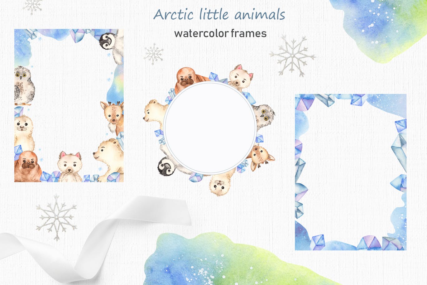 北极小动物水彩手绘剪贴画＆卡片素材 Watercolor Arctic little animals Clipart cards插图4