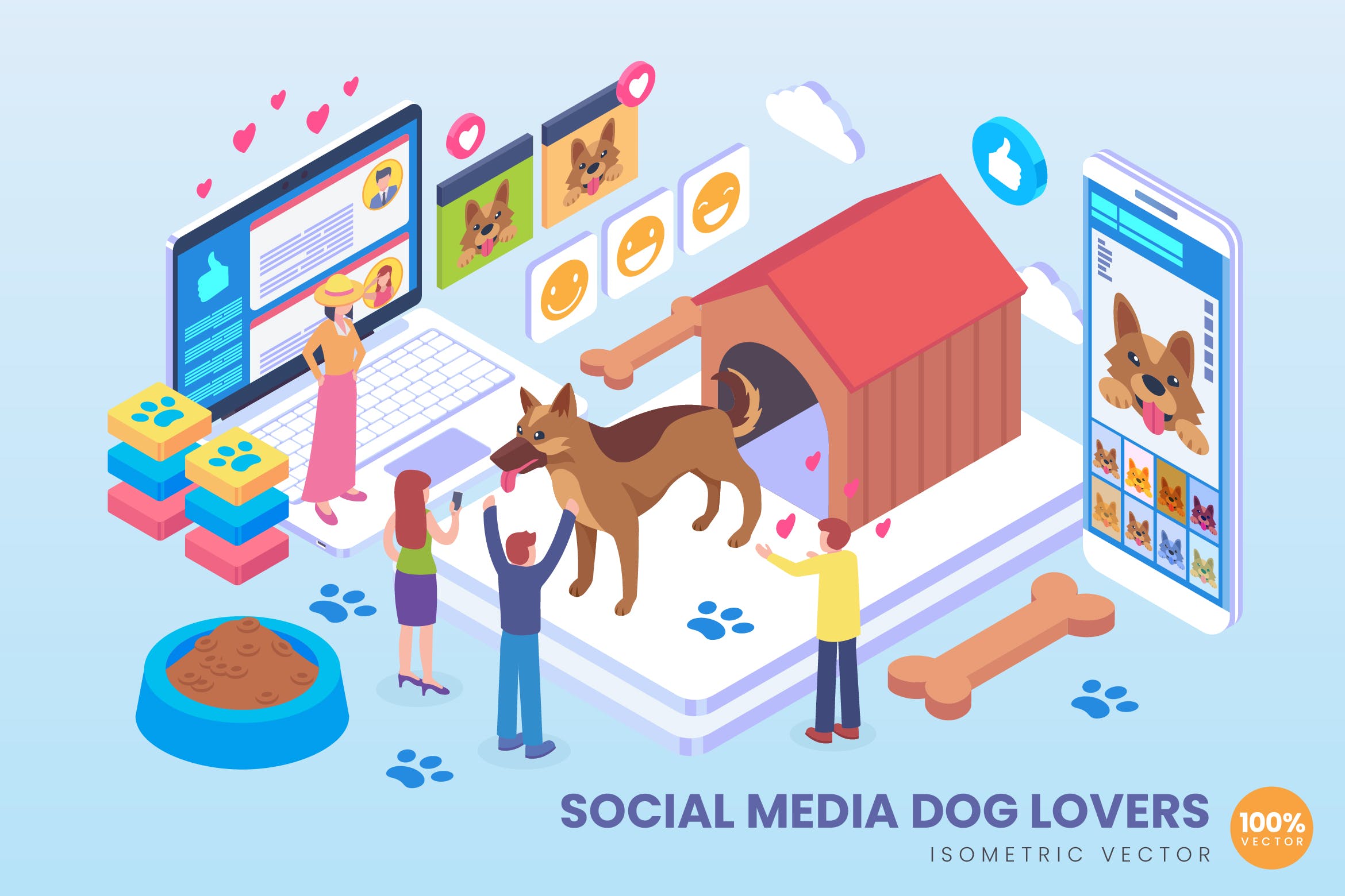 宠物社交主题等距矢量大洋岛精选概念插画v2 Isometric Social Media Dog Lover Vector Concept插图