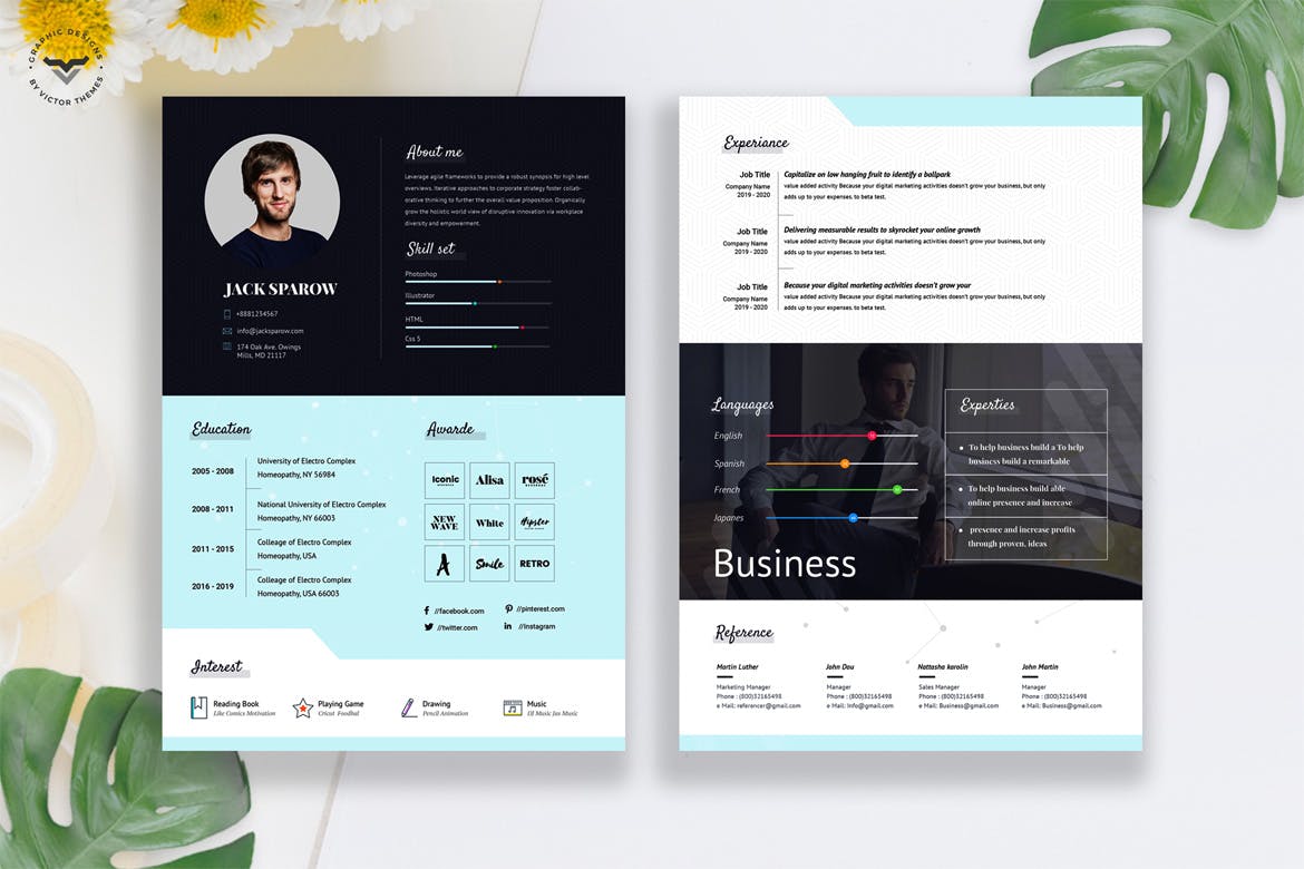 两页式创意设计师CV第一素材精选简历模板 Creative Business CV Template插图(1)