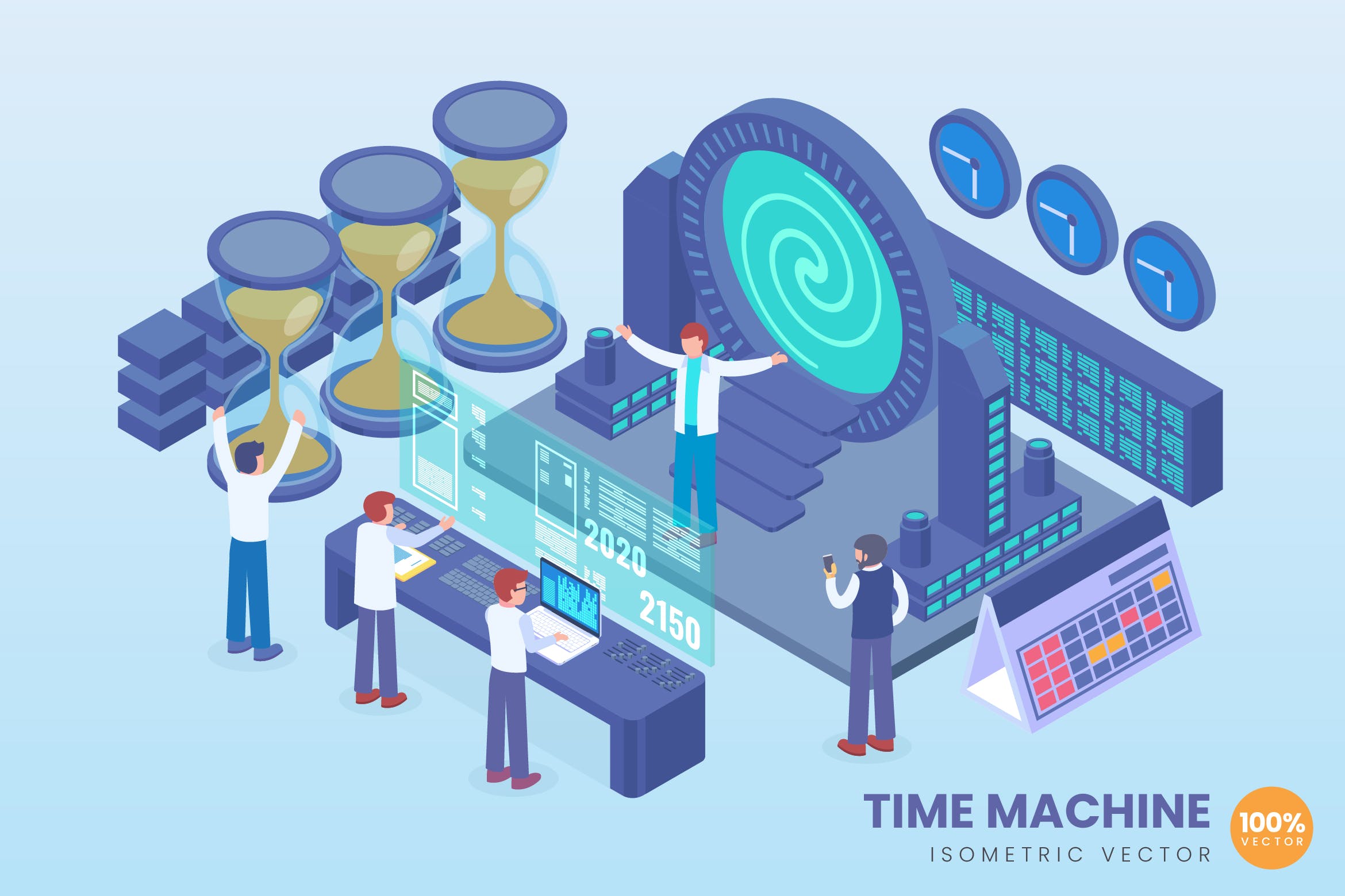时间机器技术等距矢量第一素材精选概念插画素材 Isometric Time Machine Technology Vector Concept插图