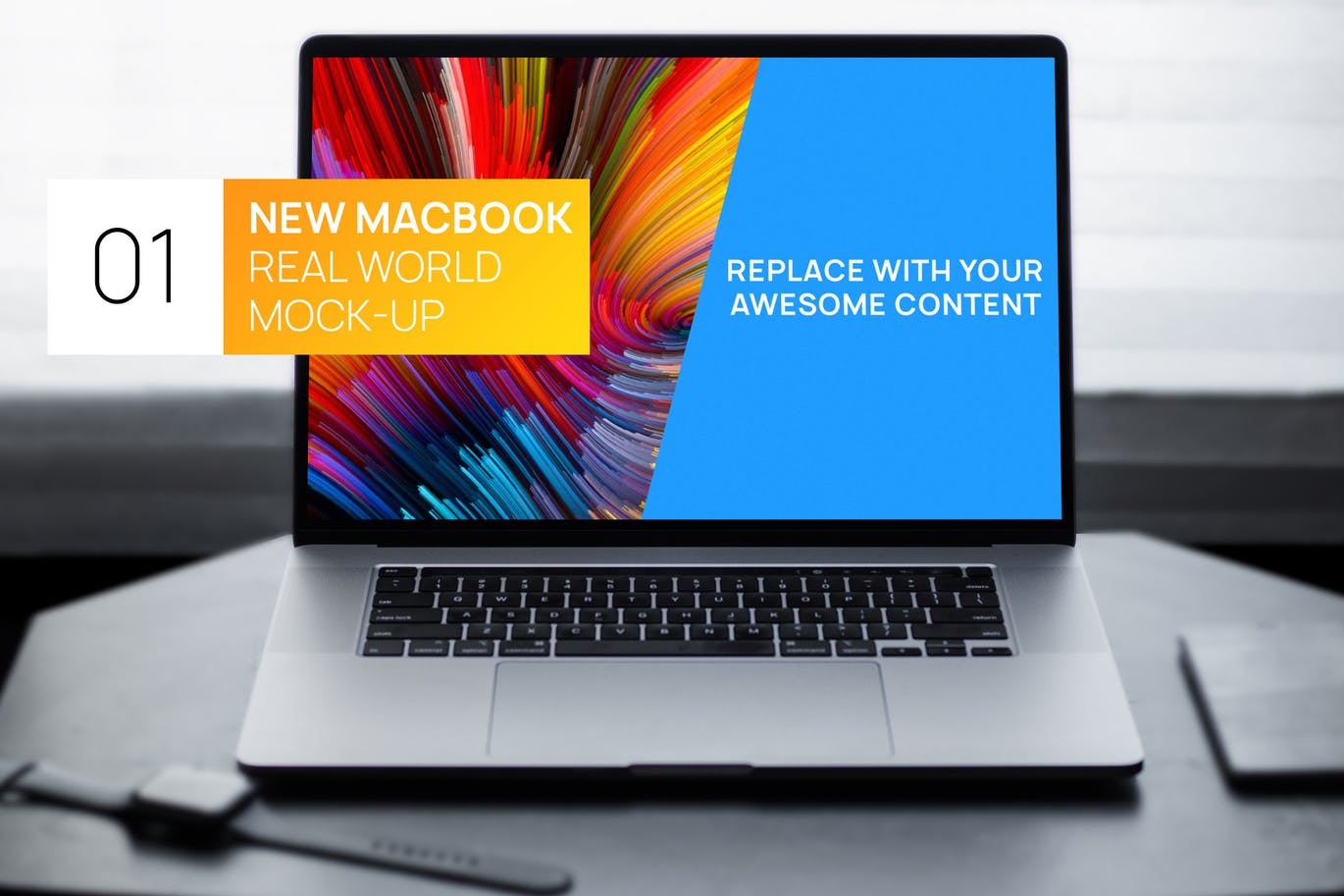 简约风格灰黑场景MacBook电脑屏幕演示蚂蚁素材精选样机 New MacBook Touchbar Dark Photo Real World Mock-up插图