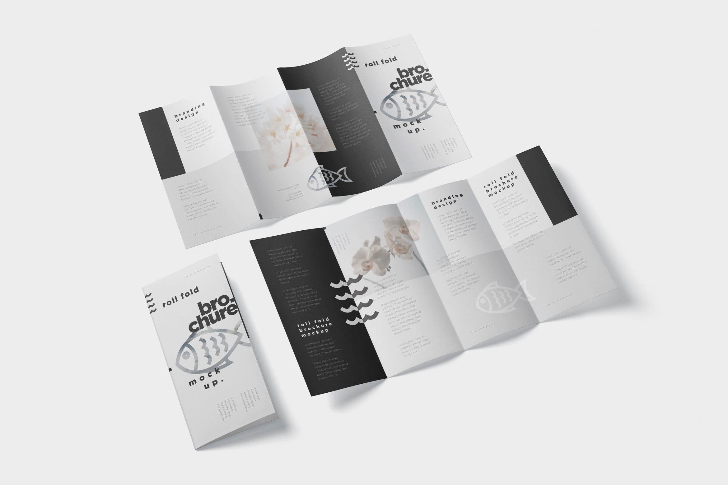 折叠设计风格企业传单/宣传册设计样机大洋岛精选 Roll-Fold Brochure Mockup – DL DIN Lang Size插图