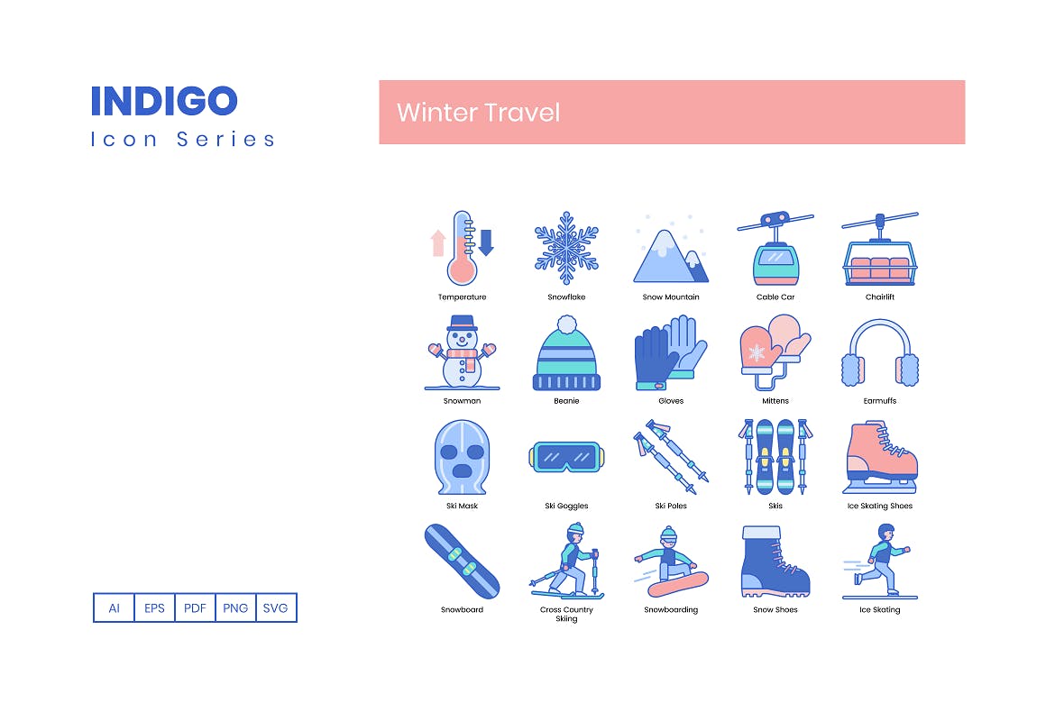 95枚靛蓝配色冬季旅行主题矢量第一素材精选图标合集 95 Winter Travel Icons | Indigo Series插图(1)