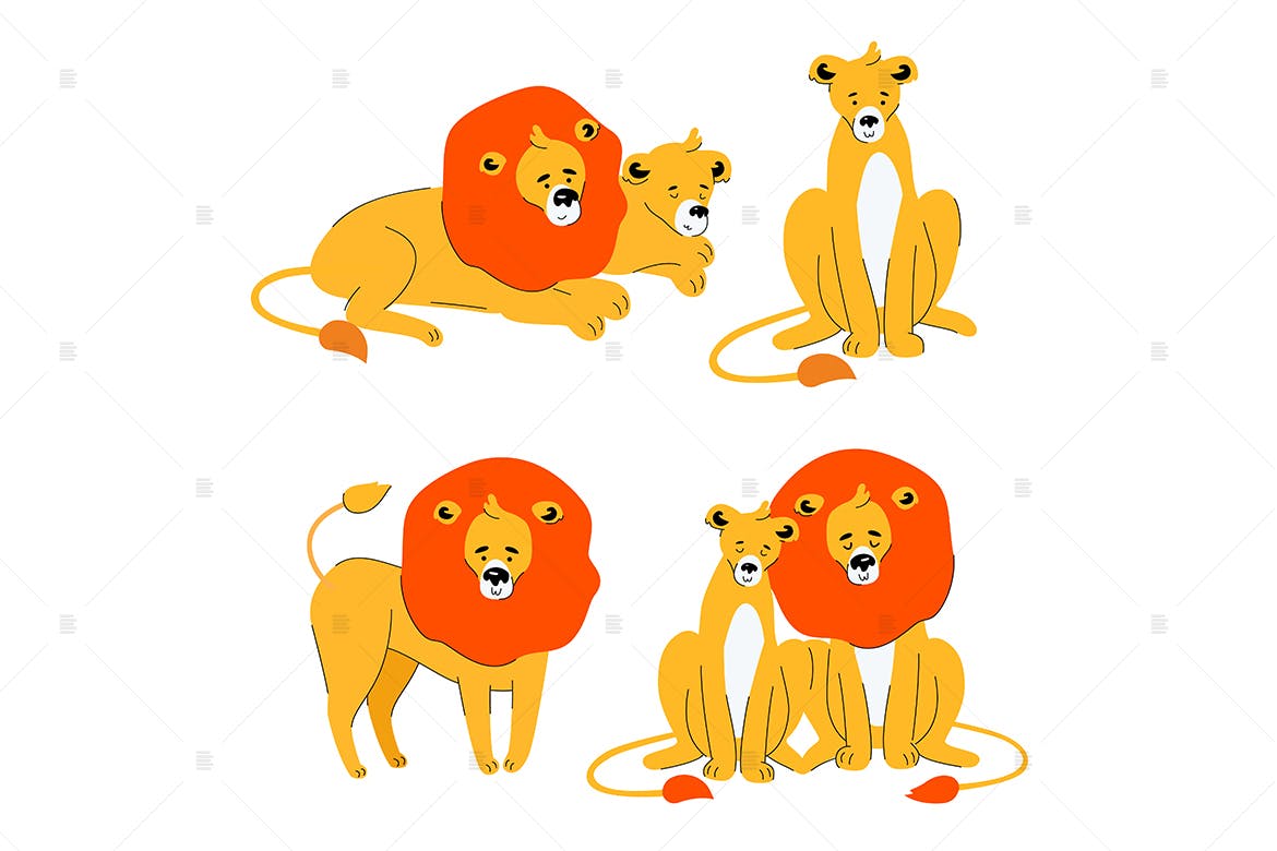 可爱狮子卡通动物扁平设计风格矢量插画第一素材精选 Cute lion and lioness – flat design characters插图(1)