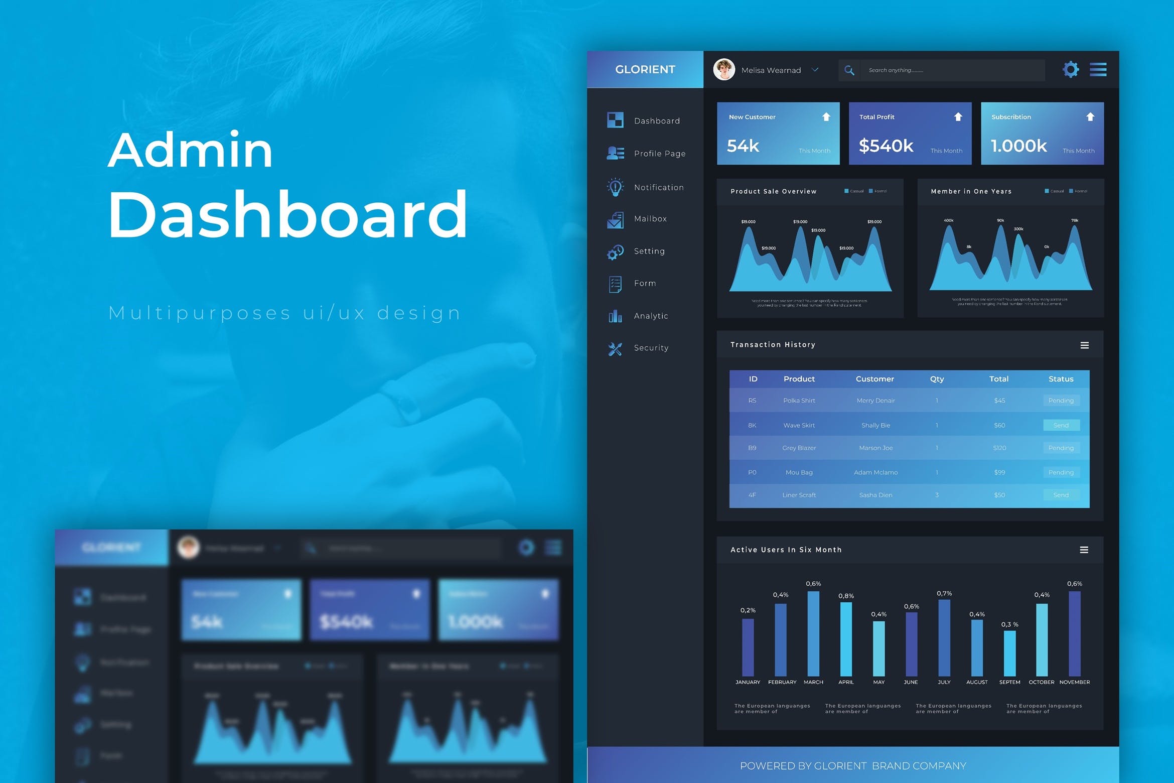 多用途网站统计后台管理后台界面设计蚂蚁素材精选模板 Glorient Dashboard | Admin Template插图