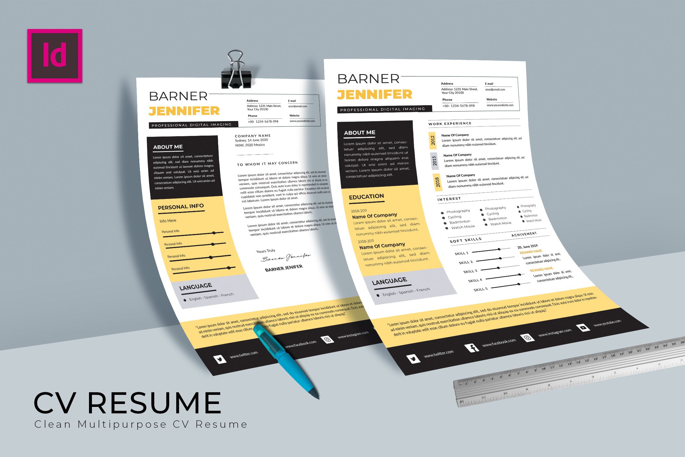 特色排版设计个人简历&推荐信模板 Barner CV Resume Template插图