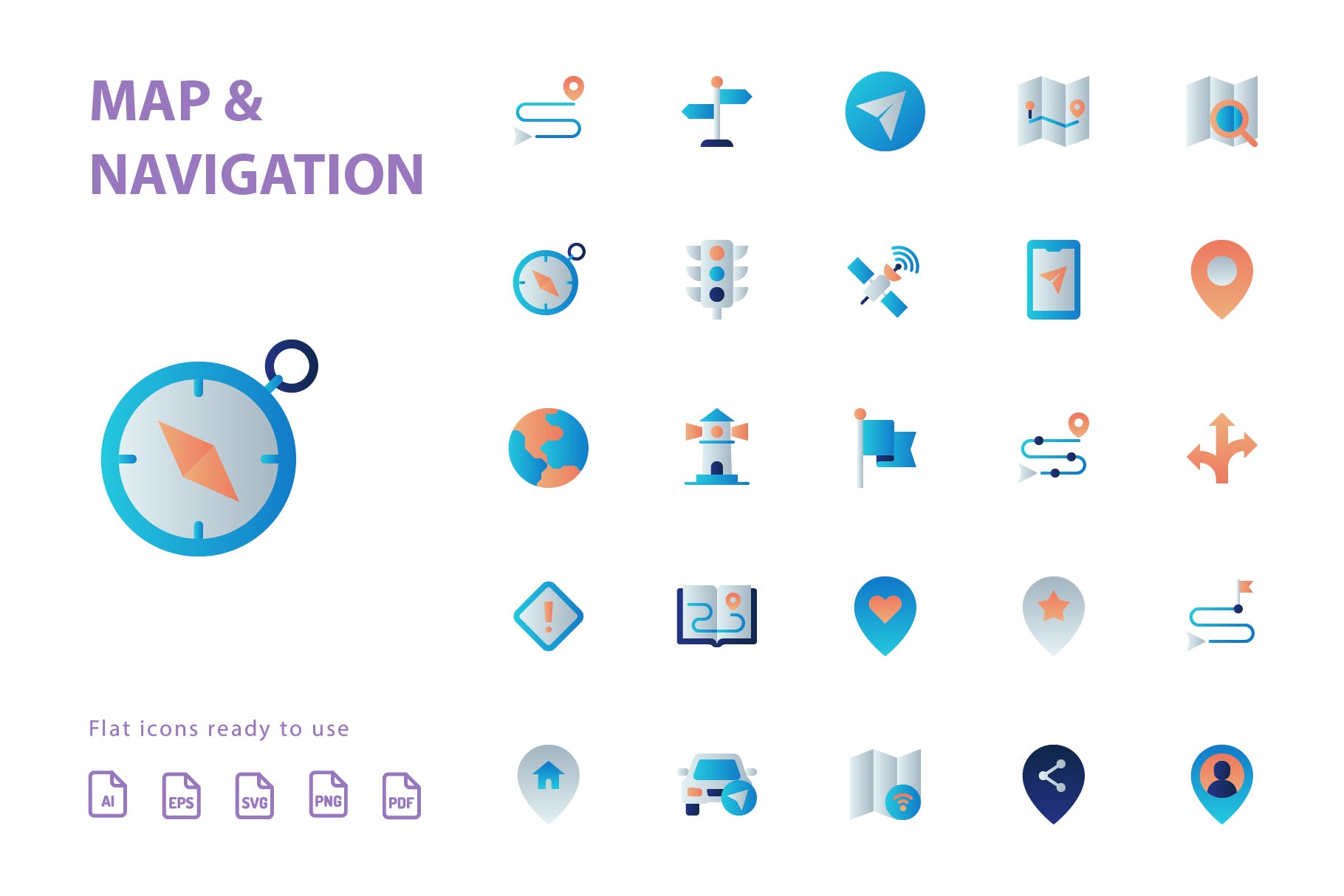 25枚地图导航扁平设计风格矢量第一素材精选图标 Map & Navigation Flat插图(1)