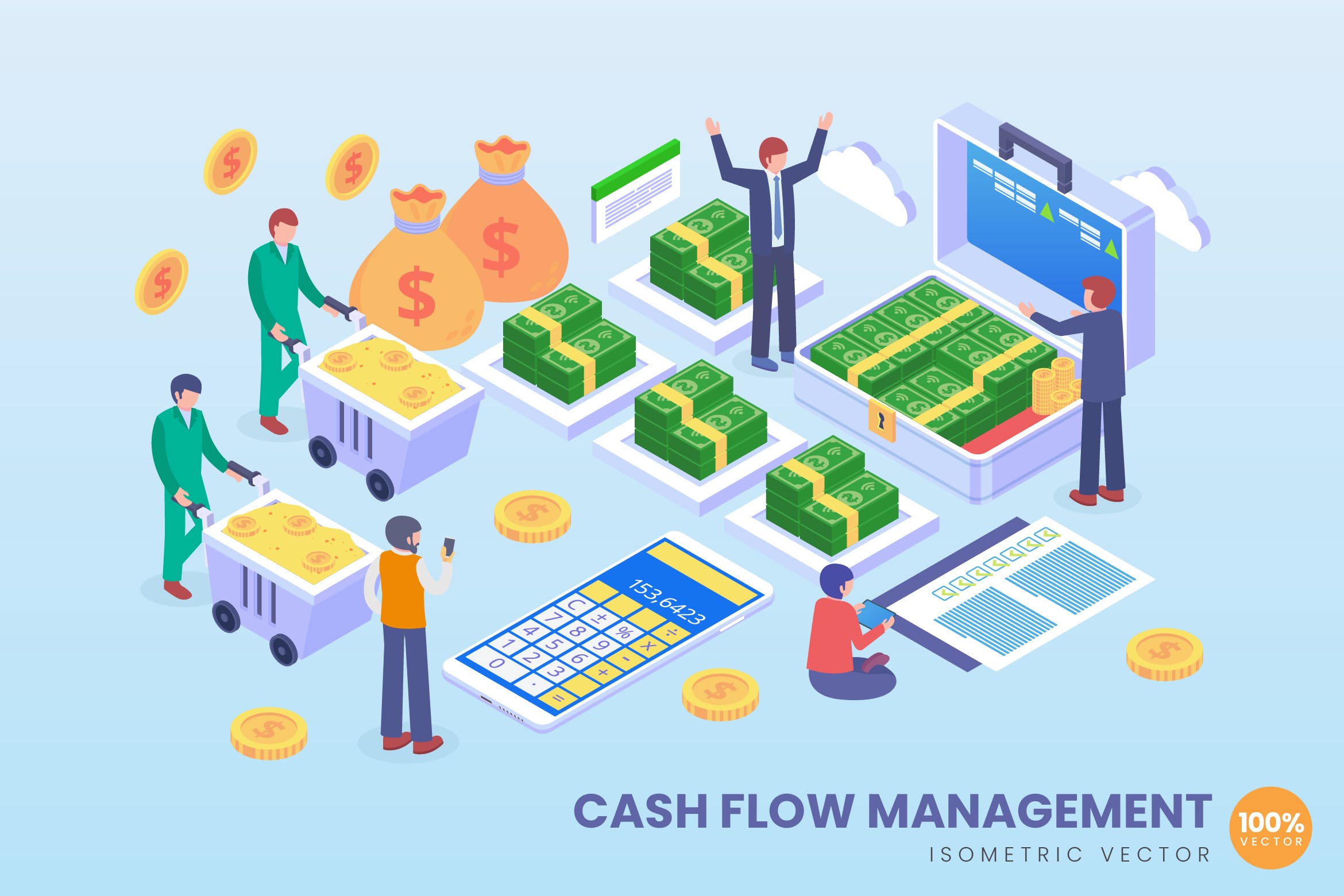 现金流管理主题等距矢量第一素材精选概念插画素材 Isometric Cashflow Management Vector Concept插图