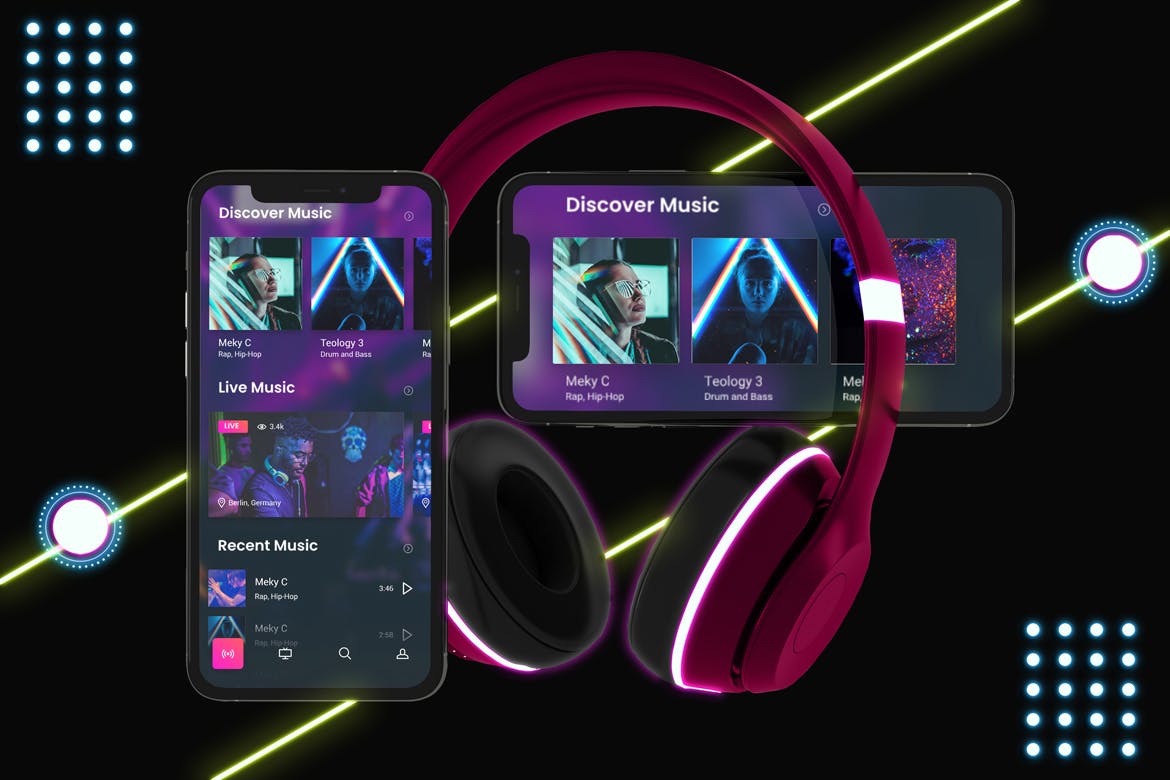 霓虹灯设计风格iPhone手机音乐APP应用UI设计图第一素材精选样机 Neon iPhone Music App Mockup插图(6)