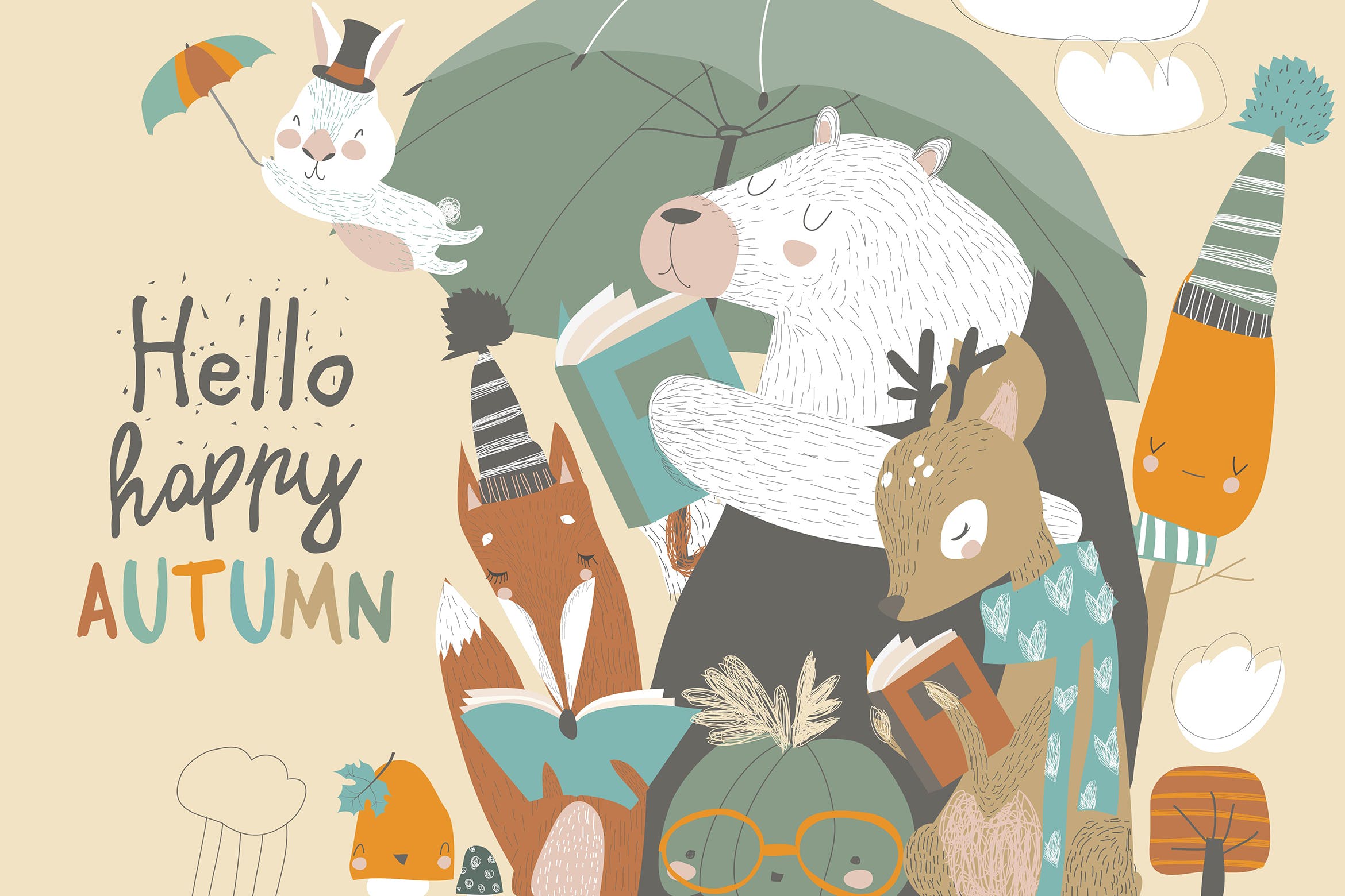 可爱的动物阅读场景第一素材精选手绘插画矢量素材 Funny animals read books under umbrella. Autumn ti插图