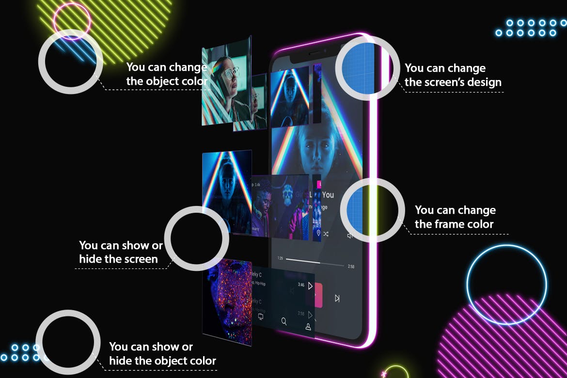 霓虹灯背景iPhone 11手机屏幕预览蚂蚁素材精选样机模板v2 Neon iPhone 11 Mockup V.2插图(1)