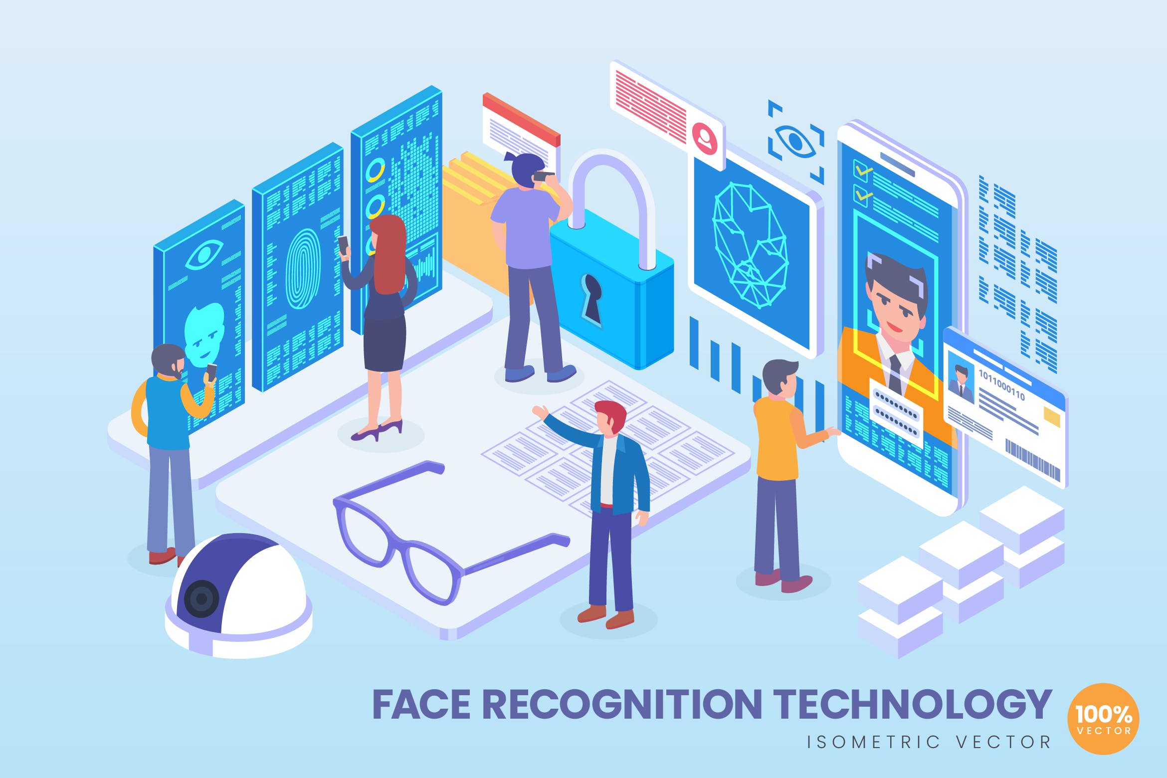人脸识别技术等距矢量科技大洋岛精选概念插画v2 Isometric Face Recognition Technology Vector插图