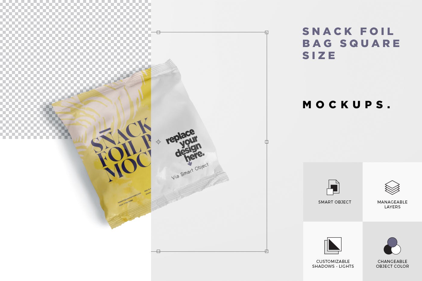 小吃零食铝箔包装袋设计图第一素材精选 Snack Foil Bag Mockup – Square Size – Small插图(6)