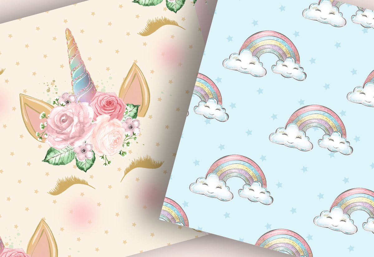 独角兽花卉图案数码纸张背景素材 Unicorn Faces Floral digital paper pack插图(2)