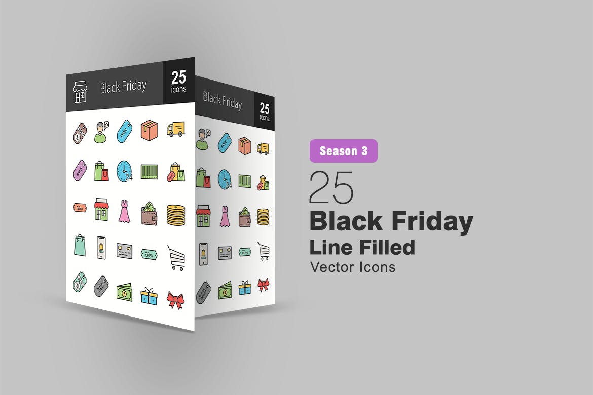 25枚黑色星期五主题填充色线性第一素材精选图标 25 Black Friday Filled Line Icons插图