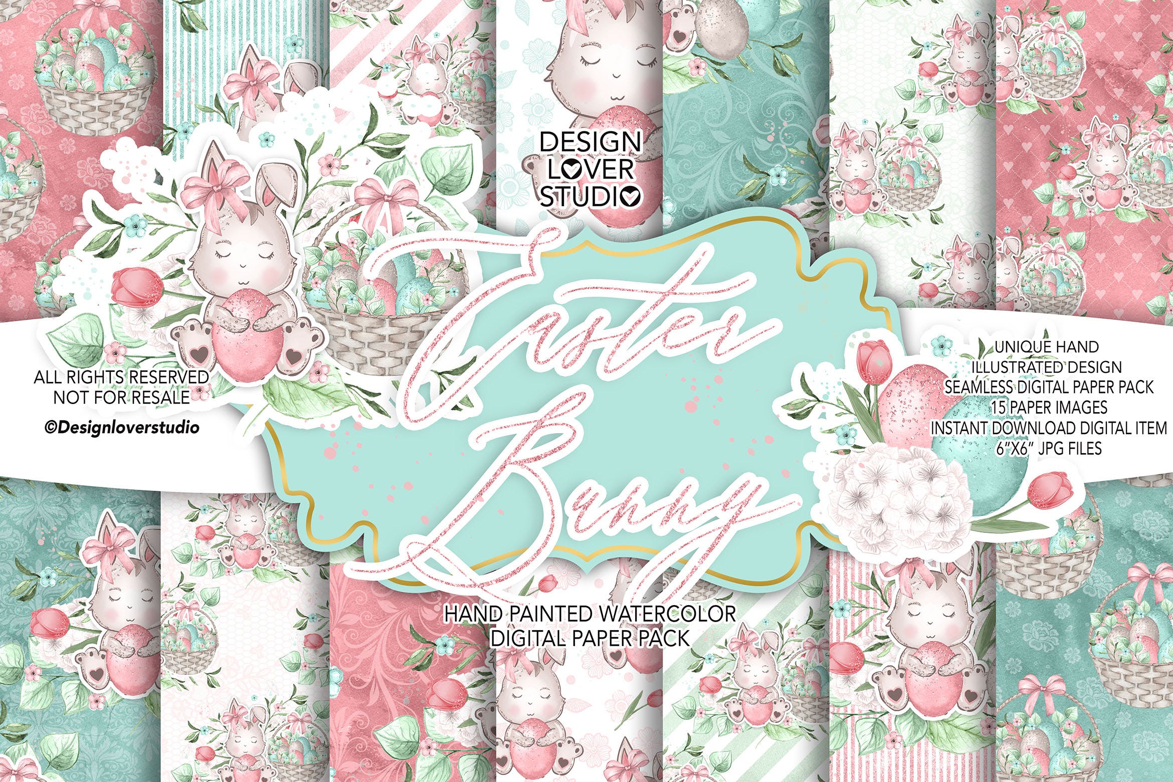 甜蜜风格复活节兔子手绘图案数码纸背景素材 Sweet Easter Bunny digital paper pack插图