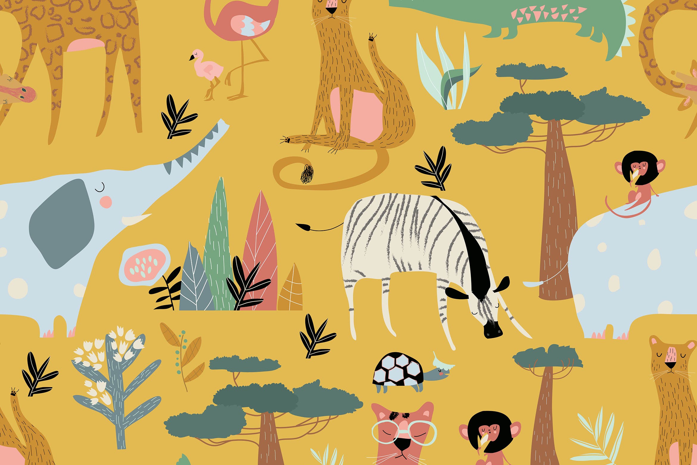 野生动物矢量无缝图案素材 Vector seamless pattern of wild animals on yellow插图