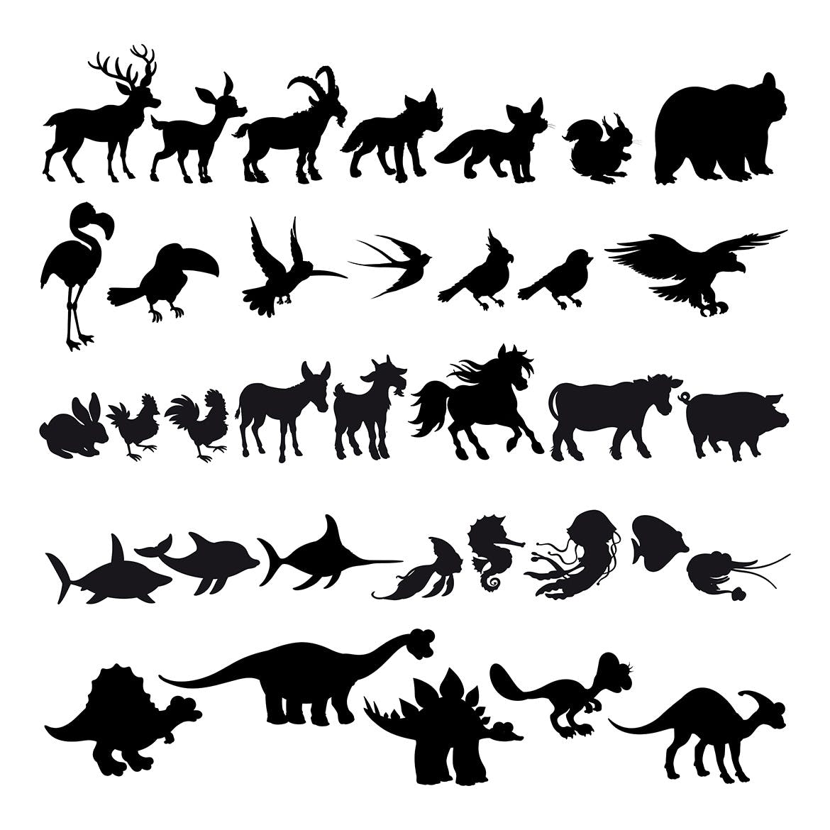 卡通动物剪影矢量插画第一素材精选素材 Silhouettes of Cartoon Animals插图(1)