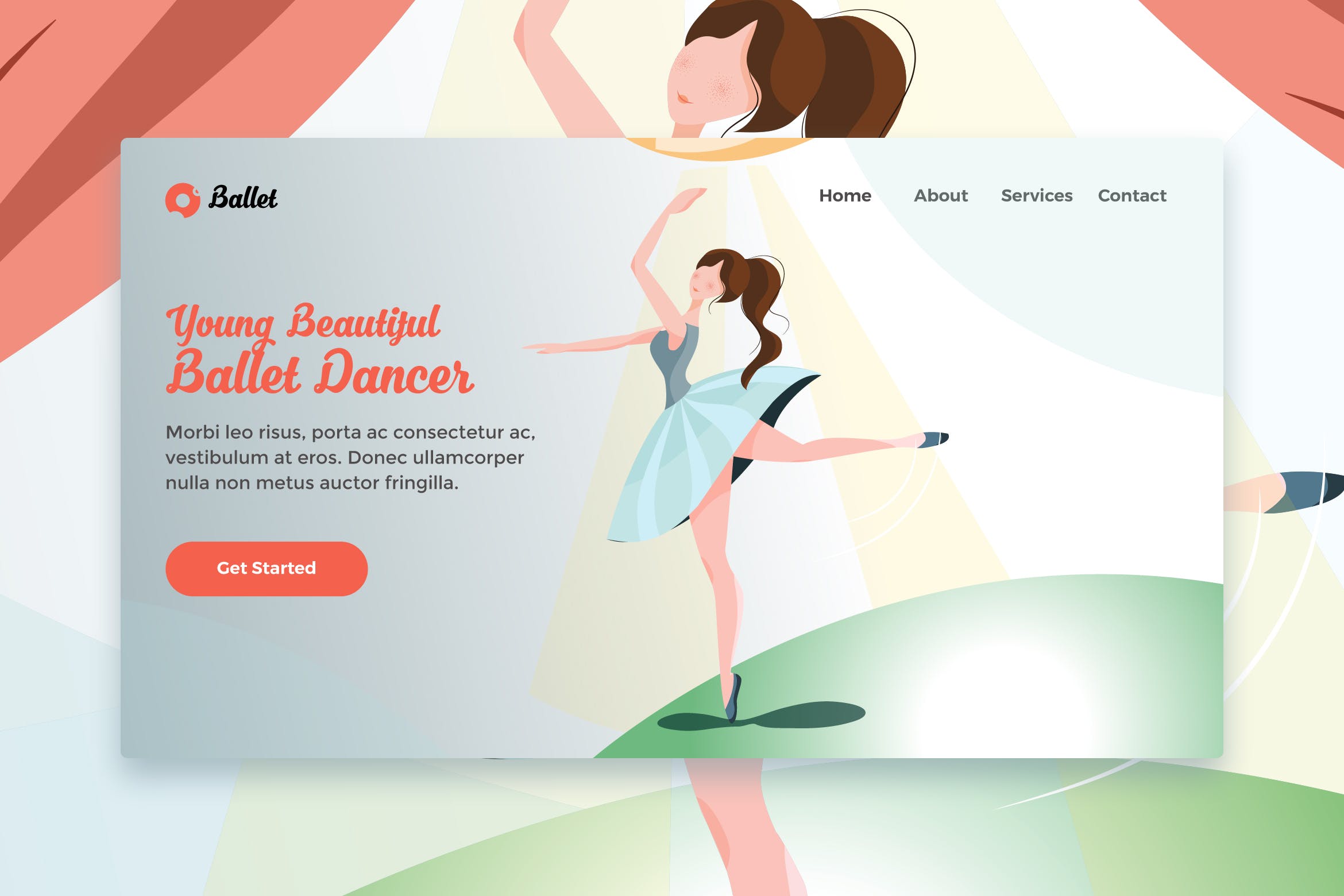 网站着陆页设计芭蕾舞矢量插画素材 Young Beautiful Ballet Dancer web template插图